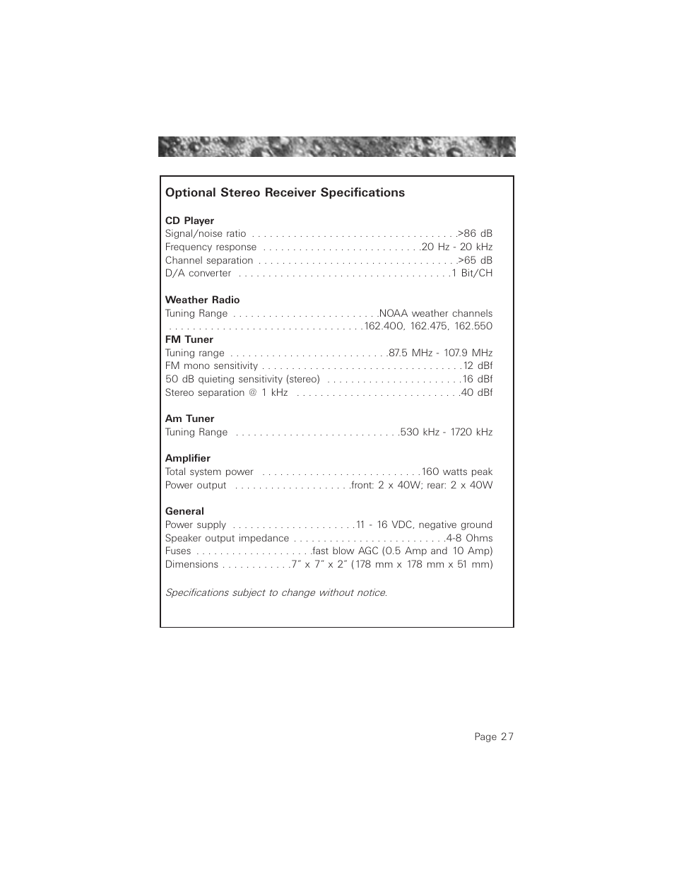 Optional stereo receiver specifications | Jacuzzi ProTech LCD User Manual | Page 31 / 56