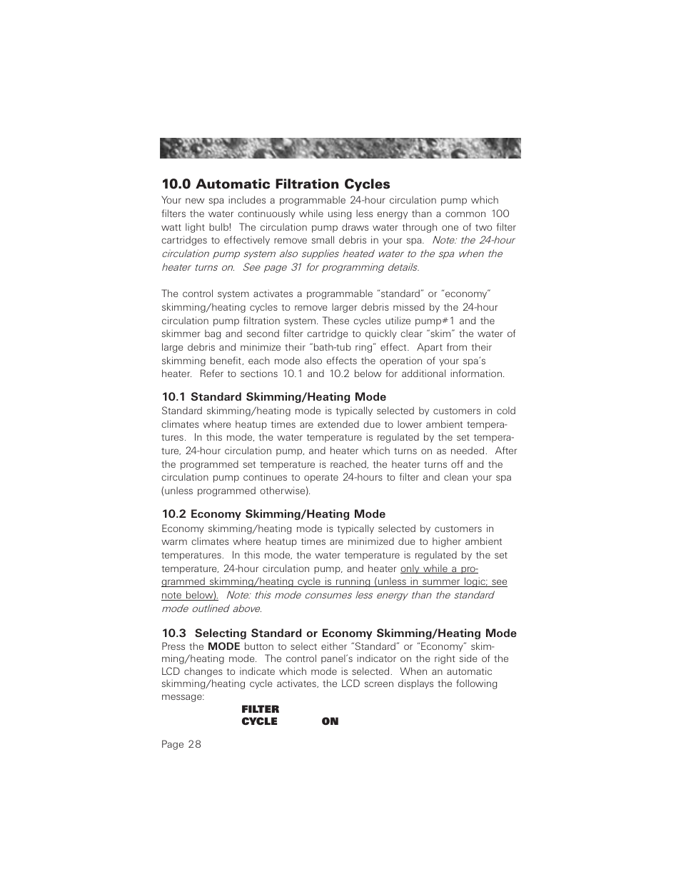 0 automatic filtration cycles, 1 standard skimming/heating mode, 2 economy skimming/heating mode | Jacuzzi ProTech LCD User Manual | Page 32 / 56