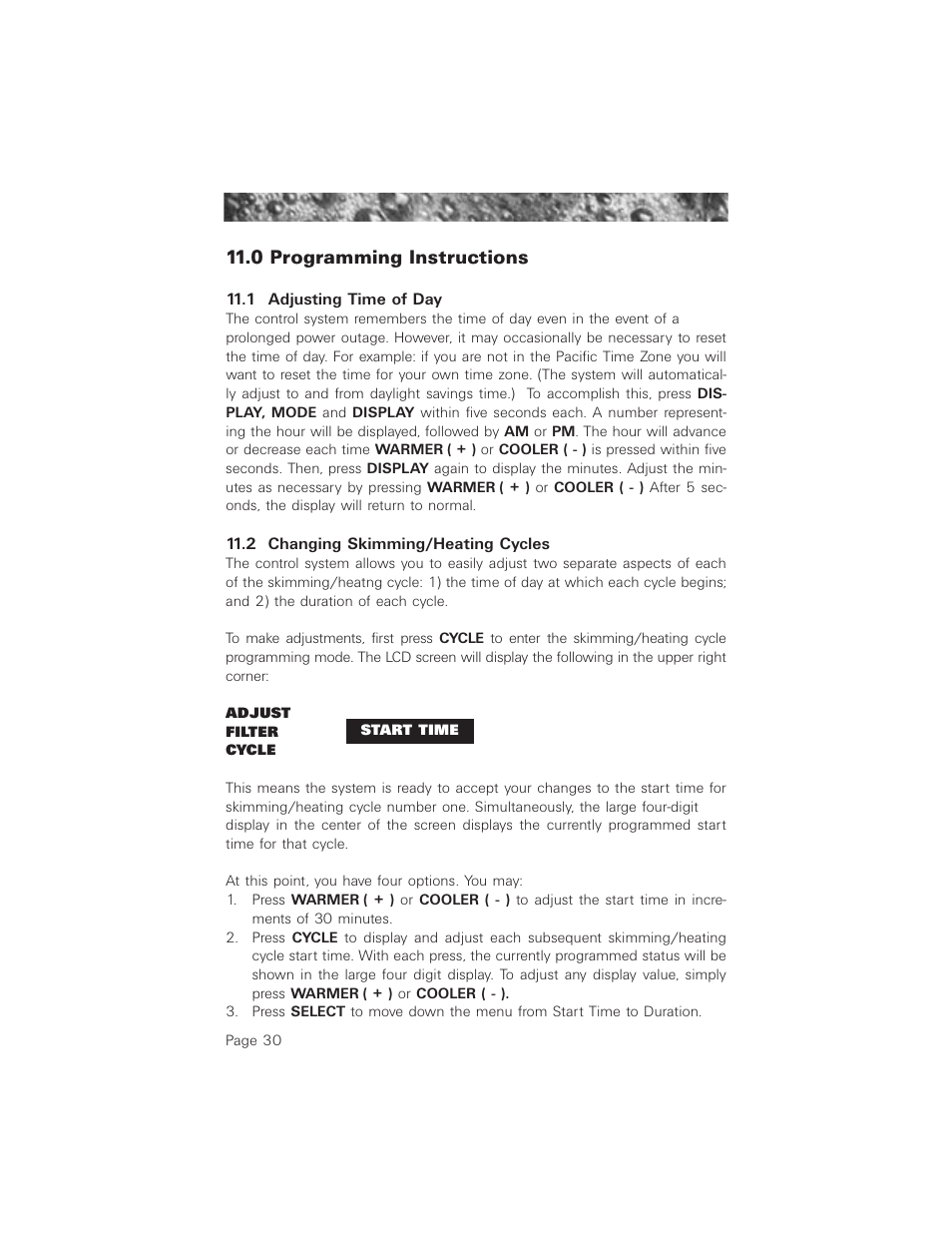 0 programming instructions, 1 adjusting time of day, 2 changing skimming/heating cycles | Jacuzzi ProTech LCD User Manual | Page 34 / 56