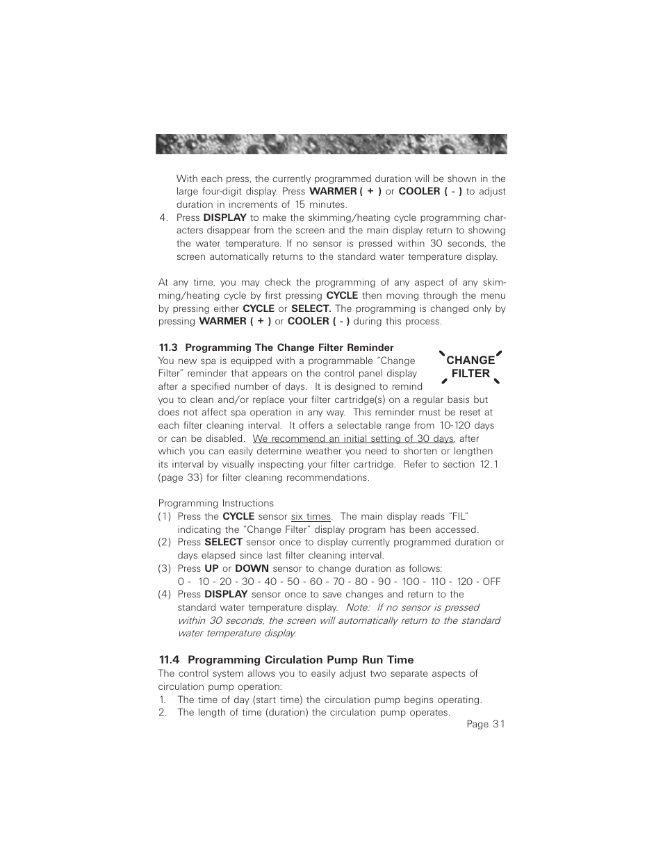 3 programming the change filter reminder, 4 programming circulation pump run time | Jacuzzi ProTech LCD User Manual | Page 35 / 56