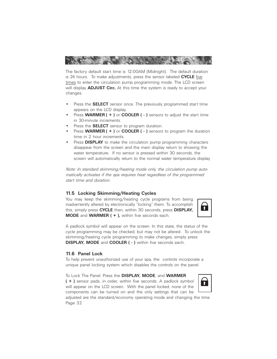 5 locking skimming/heating cycles, 6 panel lock, 5 locking skimming/heating cycles 11.6 panel lock | Jacuzzi ProTech LCD User Manual | Page 36 / 56