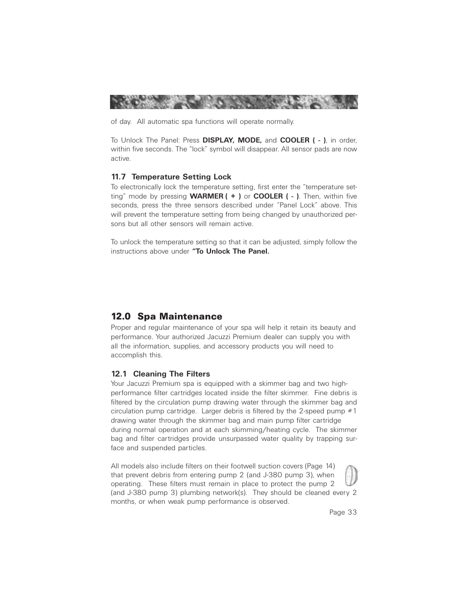 7 temperature setting lock, 0 spa maintenance, 1 cleaning the filters | 0 spa maintenance 12.1 cleaning the filters | Jacuzzi ProTech LCD User Manual | Page 37 / 56