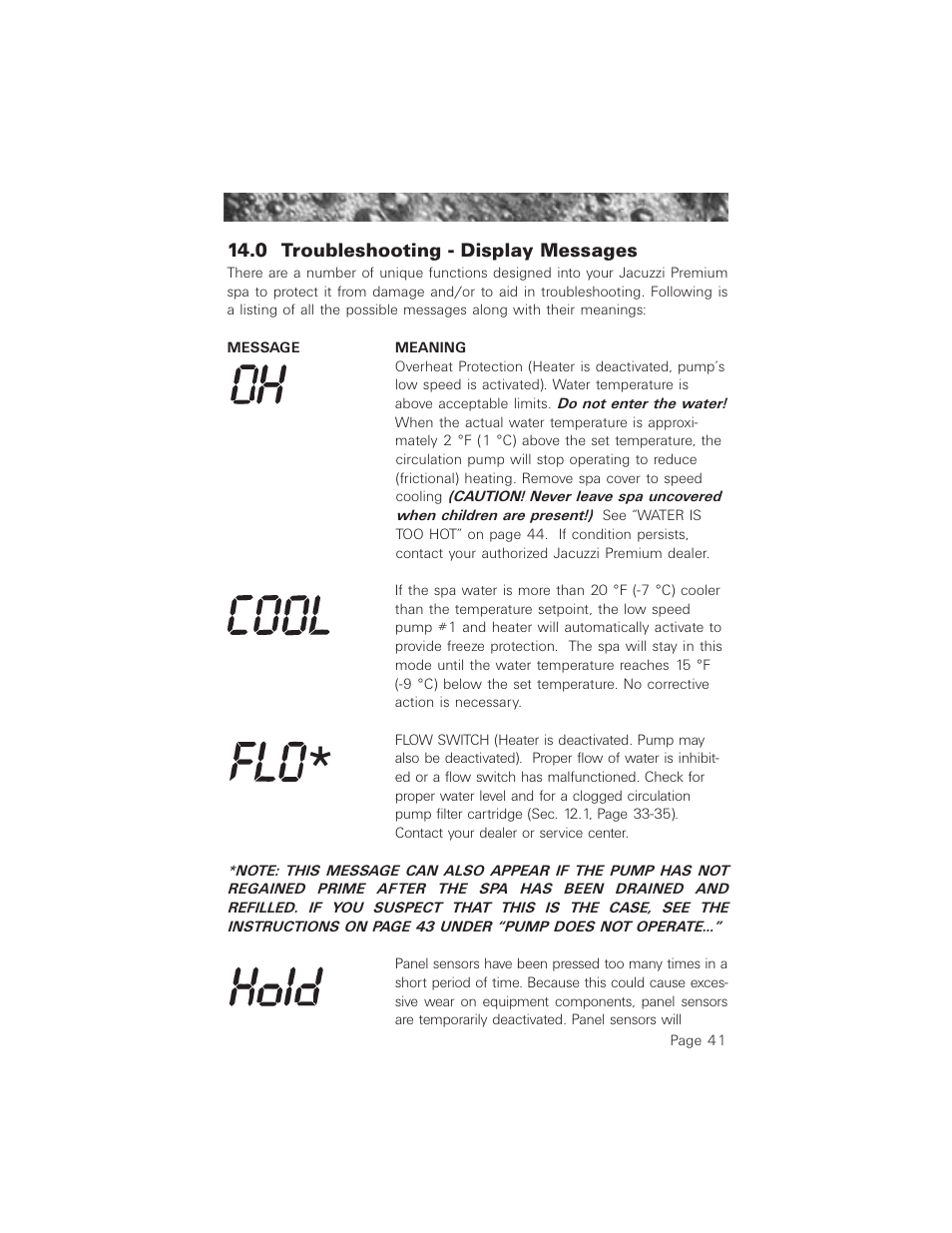 0 troubleshooting - display messages, Cool, Hold | Jacuzzi ProTech LCD User Manual | Page 45 / 56