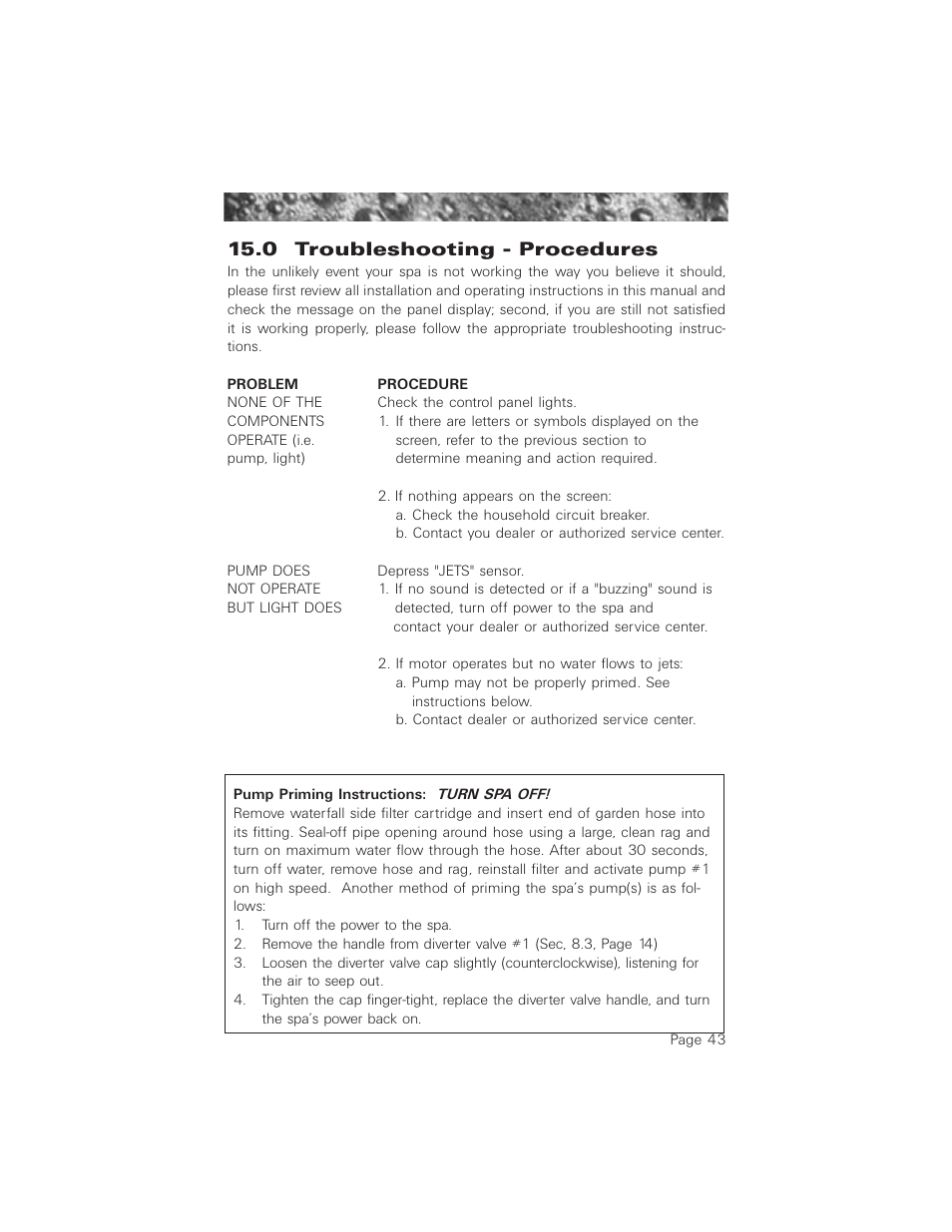 0 troubleshooting - procedures, None of the components operate (i.e. pump, light), Pump does not operate but light does | Jacuzzi ProTech LCD User Manual | Page 47 / 56
