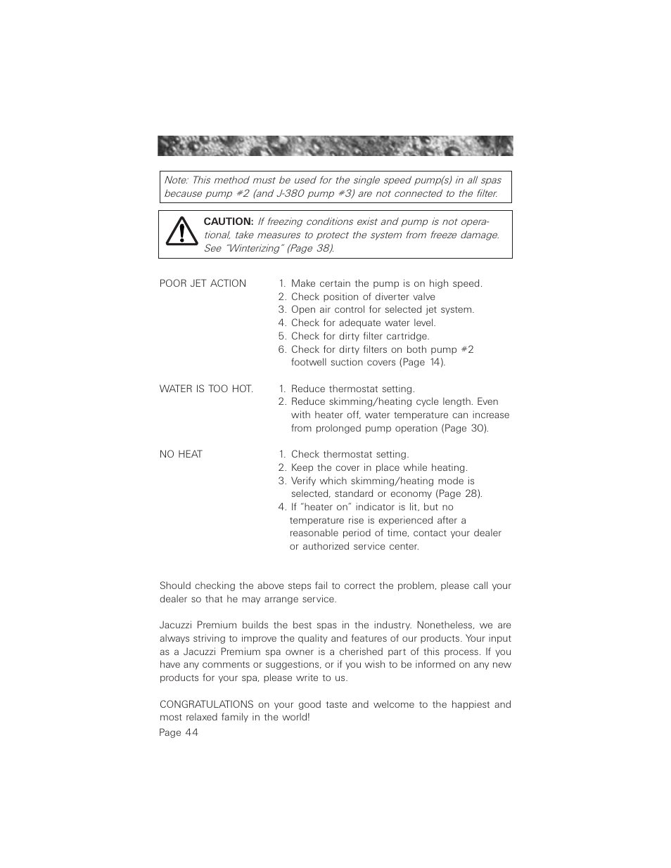 Poor jet action, Water is too hot, No heat | Jacuzzi ProTech LCD User Manual | Page 48 / 56