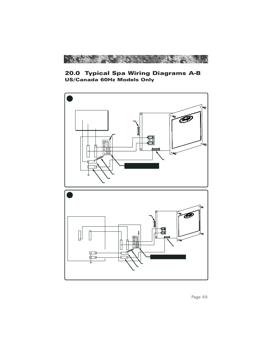 0 typical spa wiring diagrams a-b (60hz models), 0 typical spa wiring diagrams a-b, Us/canada 60hz models only | Page 49 | Jacuzzi ProTech LCD User Manual | Page 53 / 56