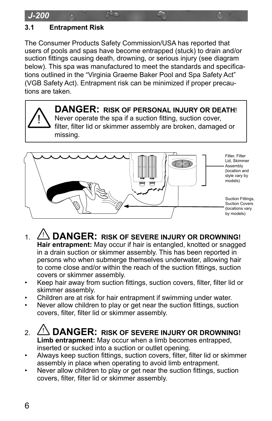 1 entrapment risk, Entrapment risk, Danger | J-200 | Jacuzzi J - 200 J - 280 User Manual | Page 10 / 64