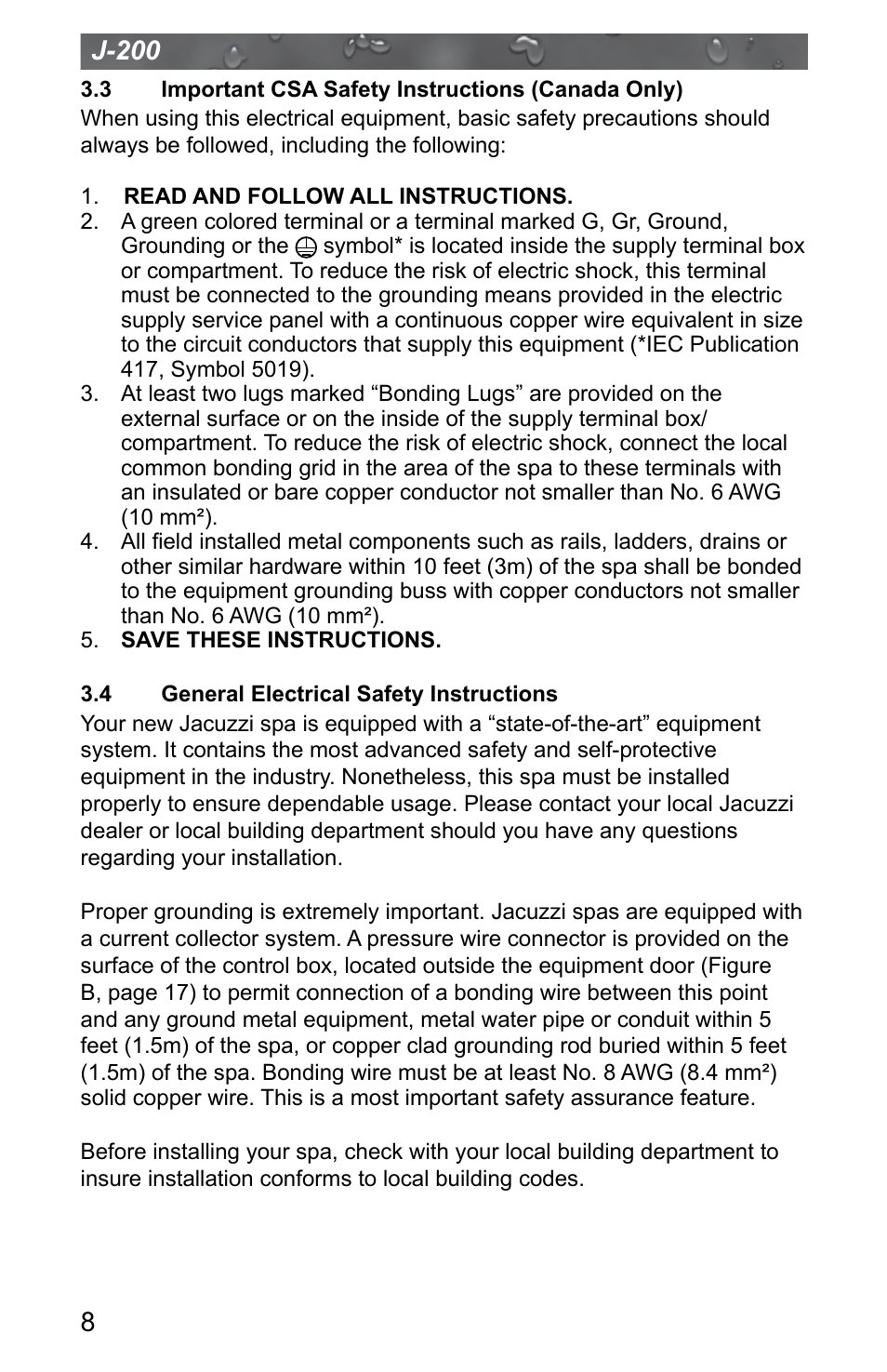 3 important csa safety instructions (canada only), 4 general electrical safety instructions, Important csa safety instructions (canada only) | General electrical safety instructions, J-200 | Jacuzzi J - 200 J - 280 User Manual | Page 12 / 64