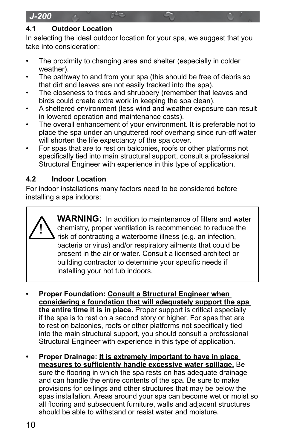 1 outdoor location, 2 indoor location, Outdoor location | Indoor location, J-200, Warning | Jacuzzi J - 200 J - 280 User Manual | Page 14 / 64