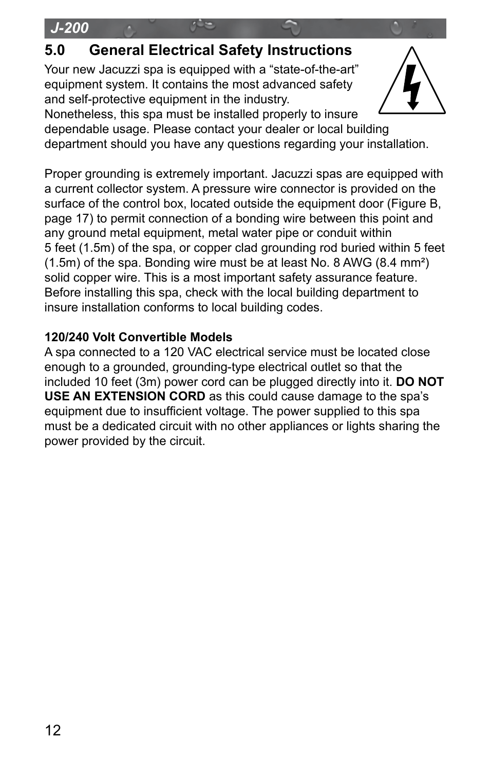 0 general electrical safety instructions | Jacuzzi J - 200 J - 280 User Manual | Page 16 / 64