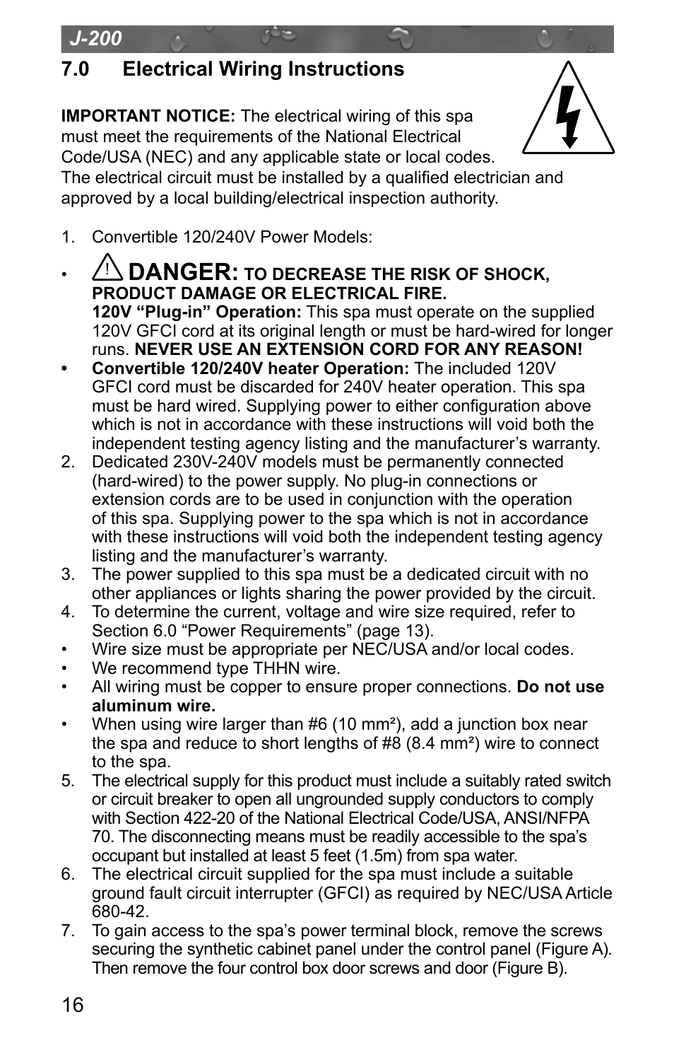 0 electrical wiring instructions, Danger | Jacuzzi J - 200 J - 280 User Manual | Page 20 / 64