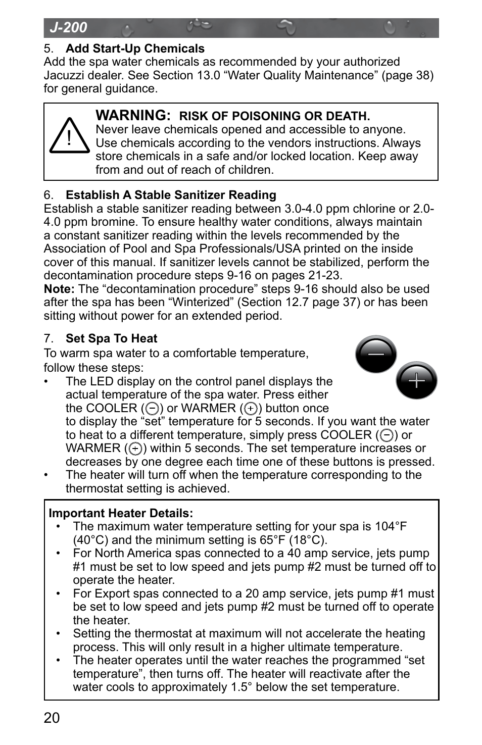 J-200, Warning | Jacuzzi J - 200 J - 280 User Manual | Page 24 / 64