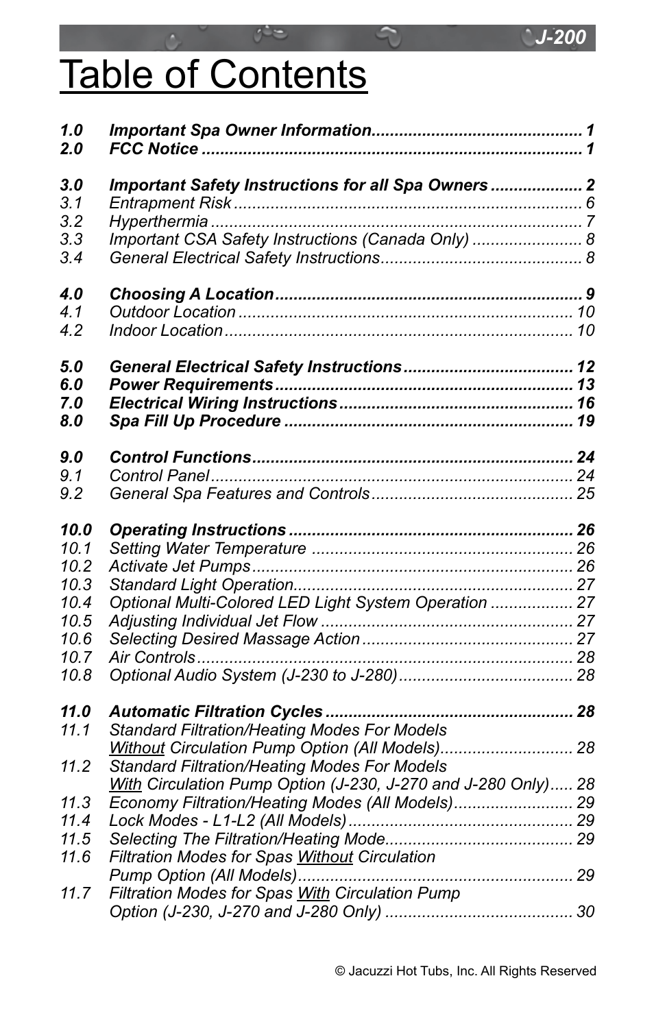 Jacuzzi J - 200 J - 280 User Manual | Page 3 / 64