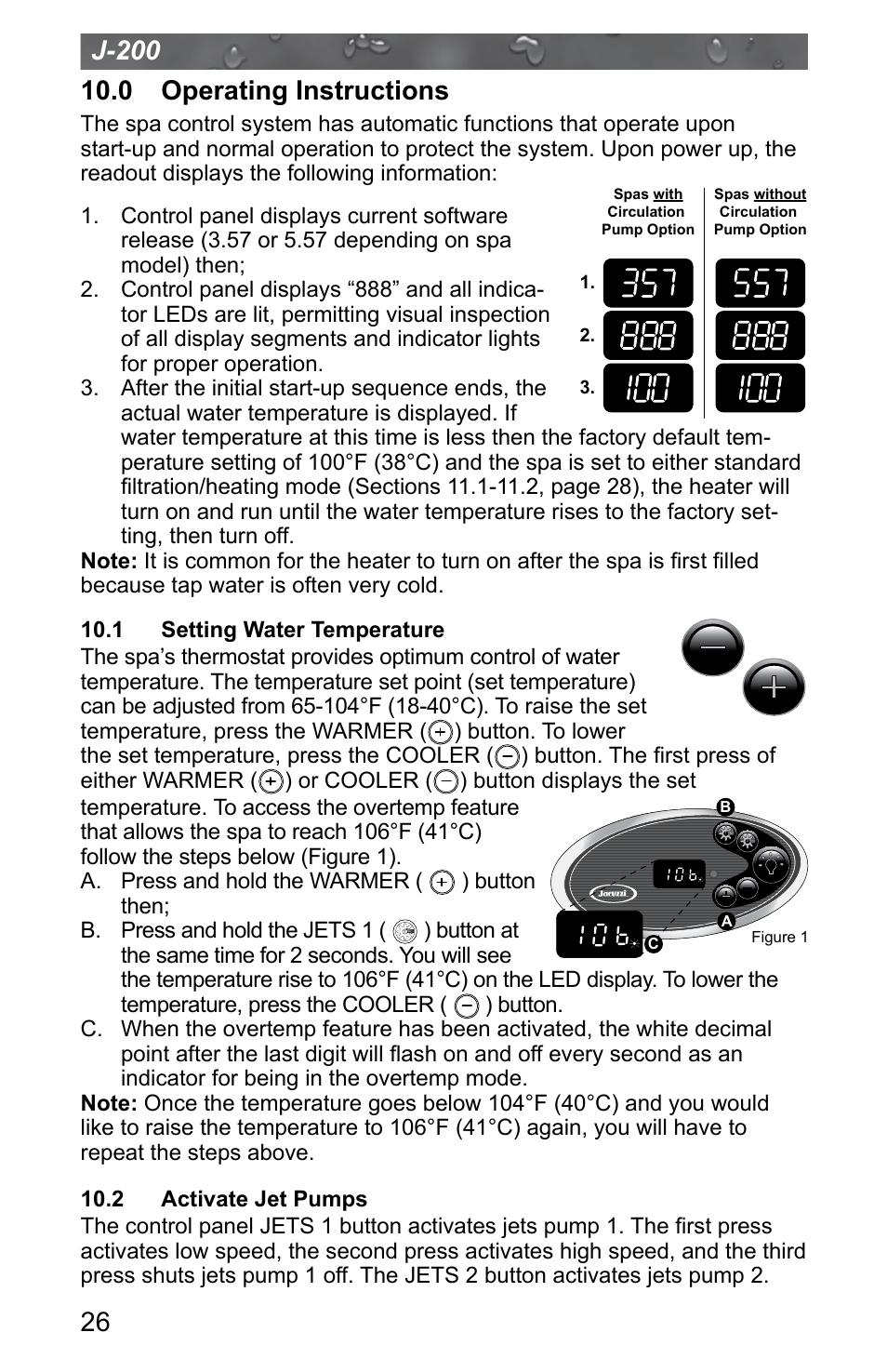 0 operating instructions, 1 setting water temperature, 2 activate jet pumps | Jacuzzi J - 200 J - 280 User Manual | Page 30 / 64
