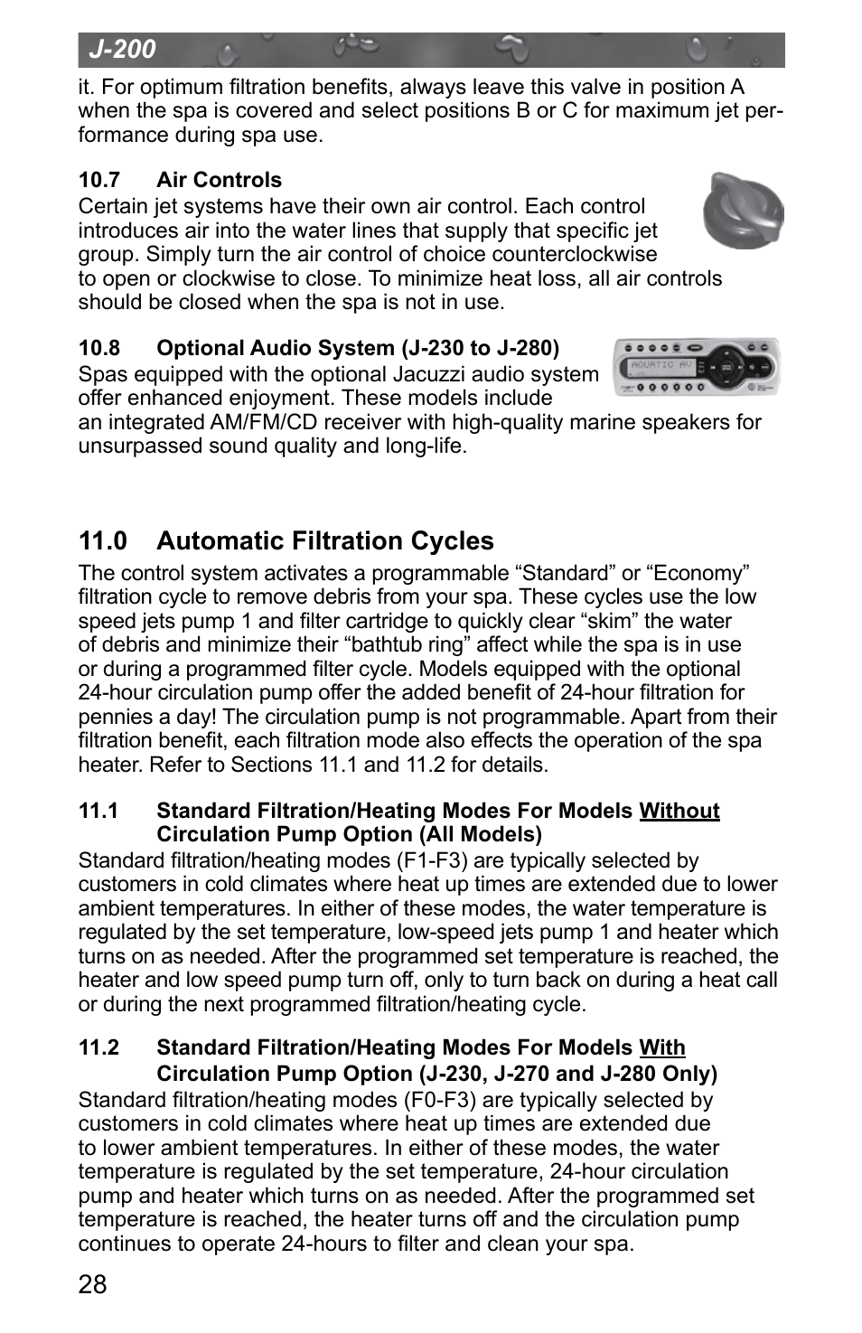 7 air controls, 8 optional audio system (j-230 to j-280), 0 automatic filtration cycles | 1 standard filtration/heating modes for models, Without circulation pump option (all models), 2 standard filtration/heating modes for models, J-200 | Jacuzzi J - 200 J - 280 User Manual | Page 32 / 64