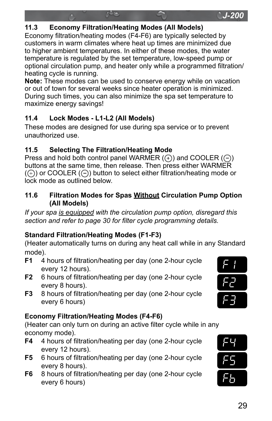 3 economy filtration/heating modes (all models), 4 lock modes - l1-l2 (all models), 5 selecting the filtration/heating mode | 6 filtration modes for spas without circulation, Pump option (all models), J-200 | Jacuzzi J - 200 J - 280 User Manual | Page 33 / 64