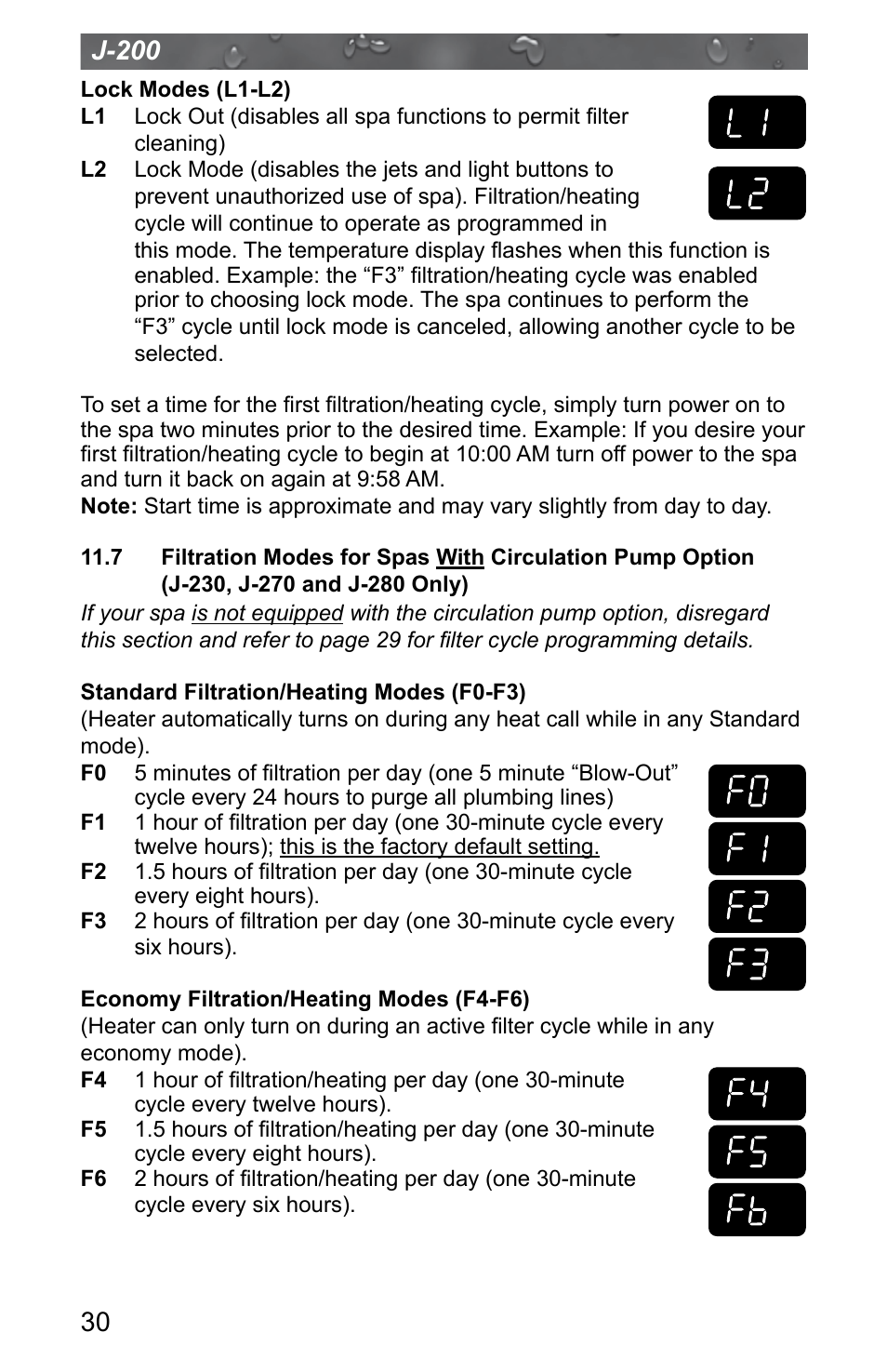 7 filtration modes for spas with circulation pump, Option (j-230, j-270 and j-280 only), J-200 | Jacuzzi J - 200 J - 280 User Manual | Page 34 / 64