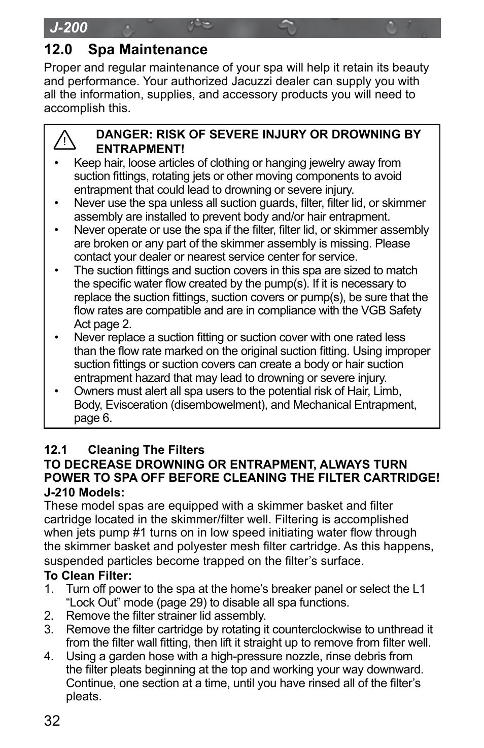 0 spa maintenance, 1 cleaning the filters | Jacuzzi J - 200 J - 280 User Manual | Page 36 / 64