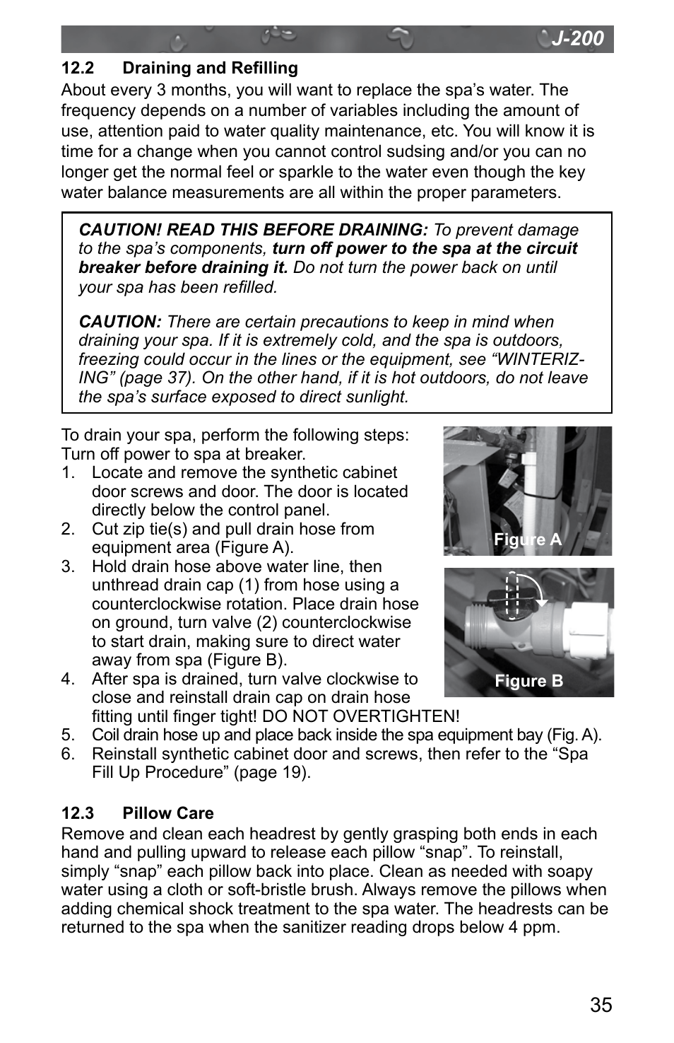2 draining and refilling, 3 pillow care, J-200 | Jacuzzi J - 200 J - 280 User Manual | Page 39 / 64