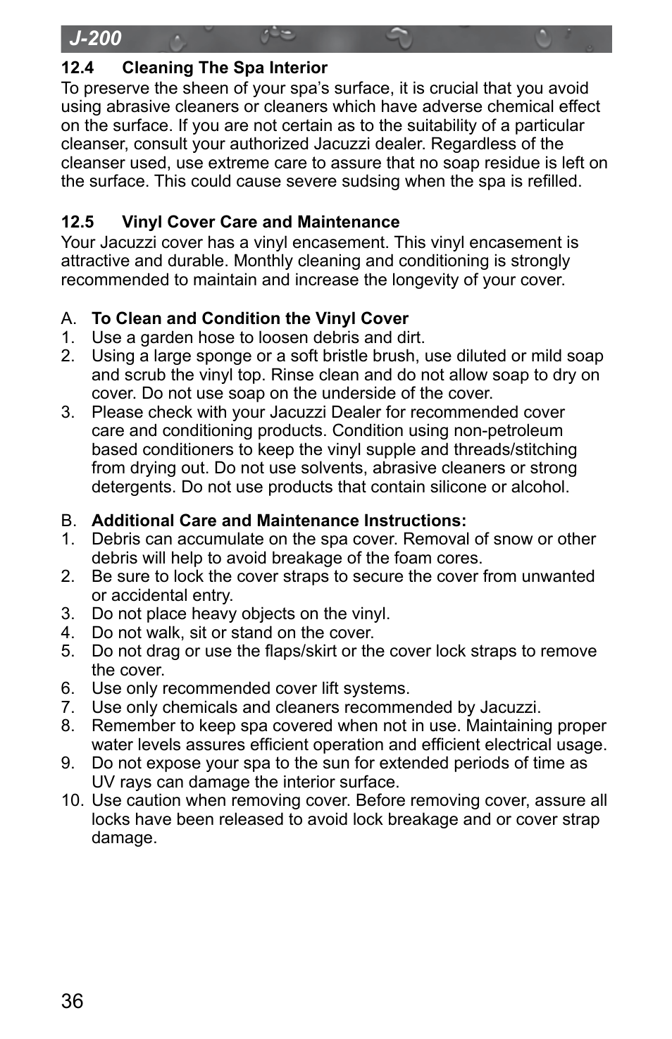 4 cleaning the spa interior, 5 vinyl cover care and maintenance, J-200 | Jacuzzi J - 200 J - 280 User Manual | Page 40 / 64