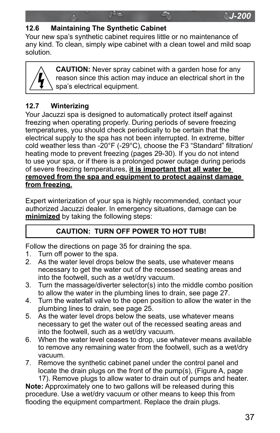 6 maintaining the synthetic cabinet, 7 winterizing, J-200 | Jacuzzi J - 200 J - 280 User Manual | Page 41 / 64