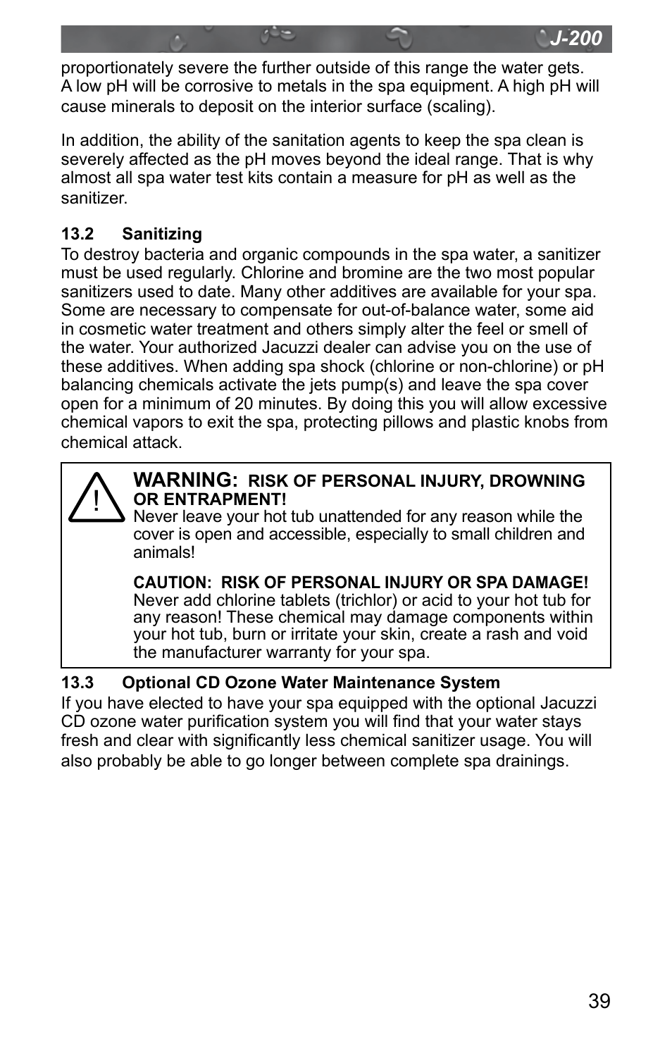 2 sanitizing, 3 optional cd ozone water maintenance system | Jacuzzi J - 200 J - 280 User Manual | Page 43 / 64