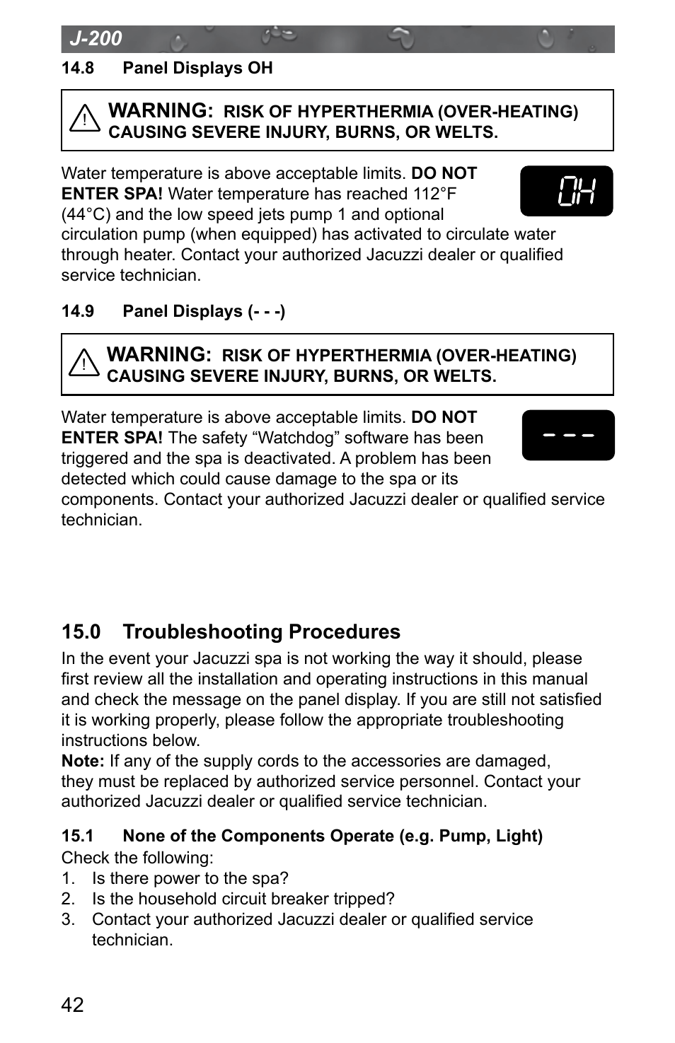 8 panel displays oh, 9 panel displays (- - -), 0 troubleshooting procedures | J-200, Warning | Jacuzzi J - 200 J - 280 User Manual | Page 46 / 64