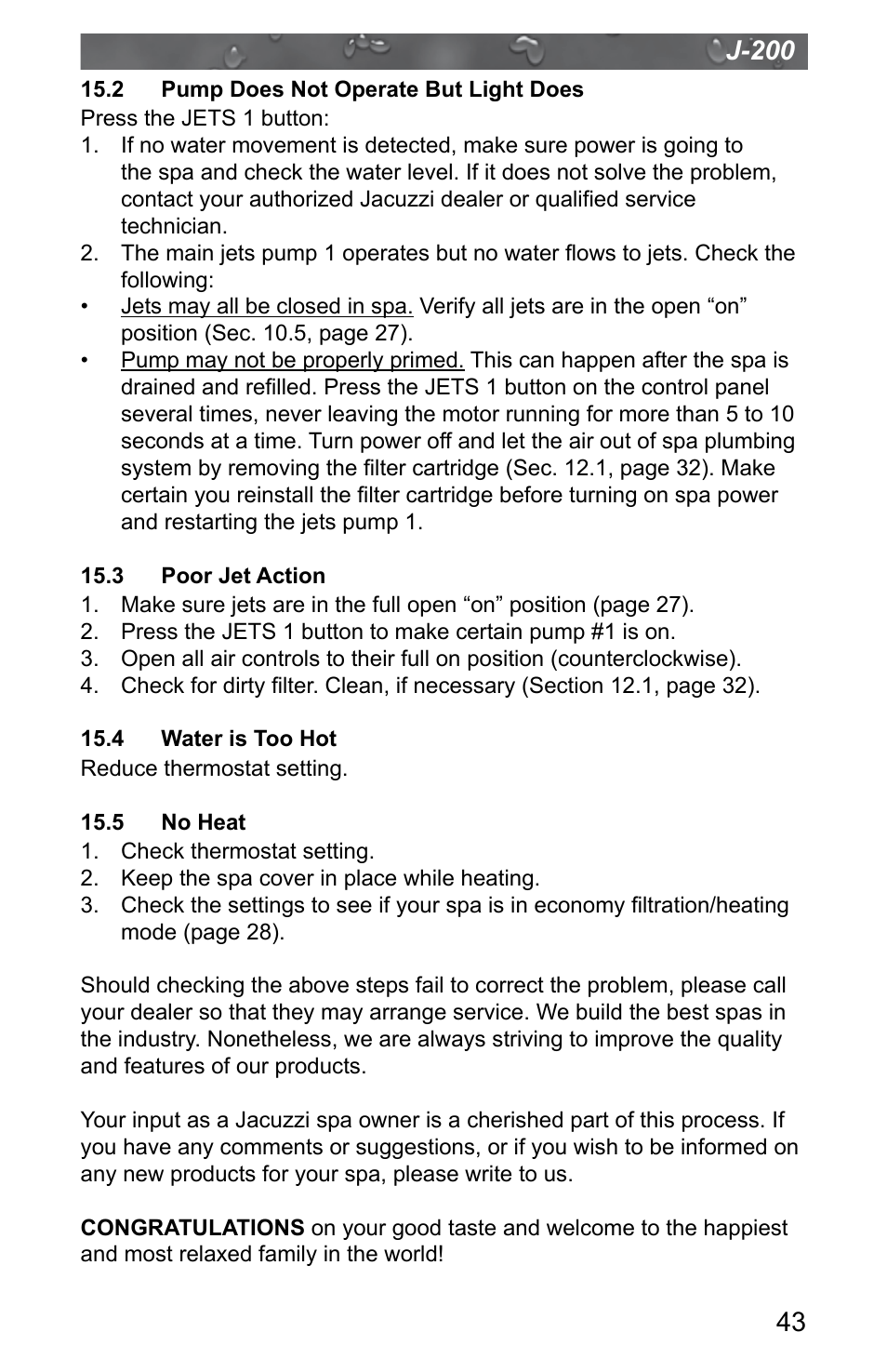 2 pump does not operate but light does, 3 poor jet action, 4 water is too hot | 5 no heat, J-200 | Jacuzzi J - 200 J - 280 User Manual | Page 47 / 64