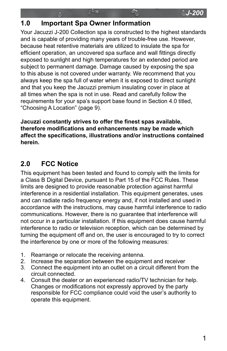 0 important spa owner information, 0 fcc notice | Jacuzzi J - 200 J - 280 User Manual | Page 5 / 64