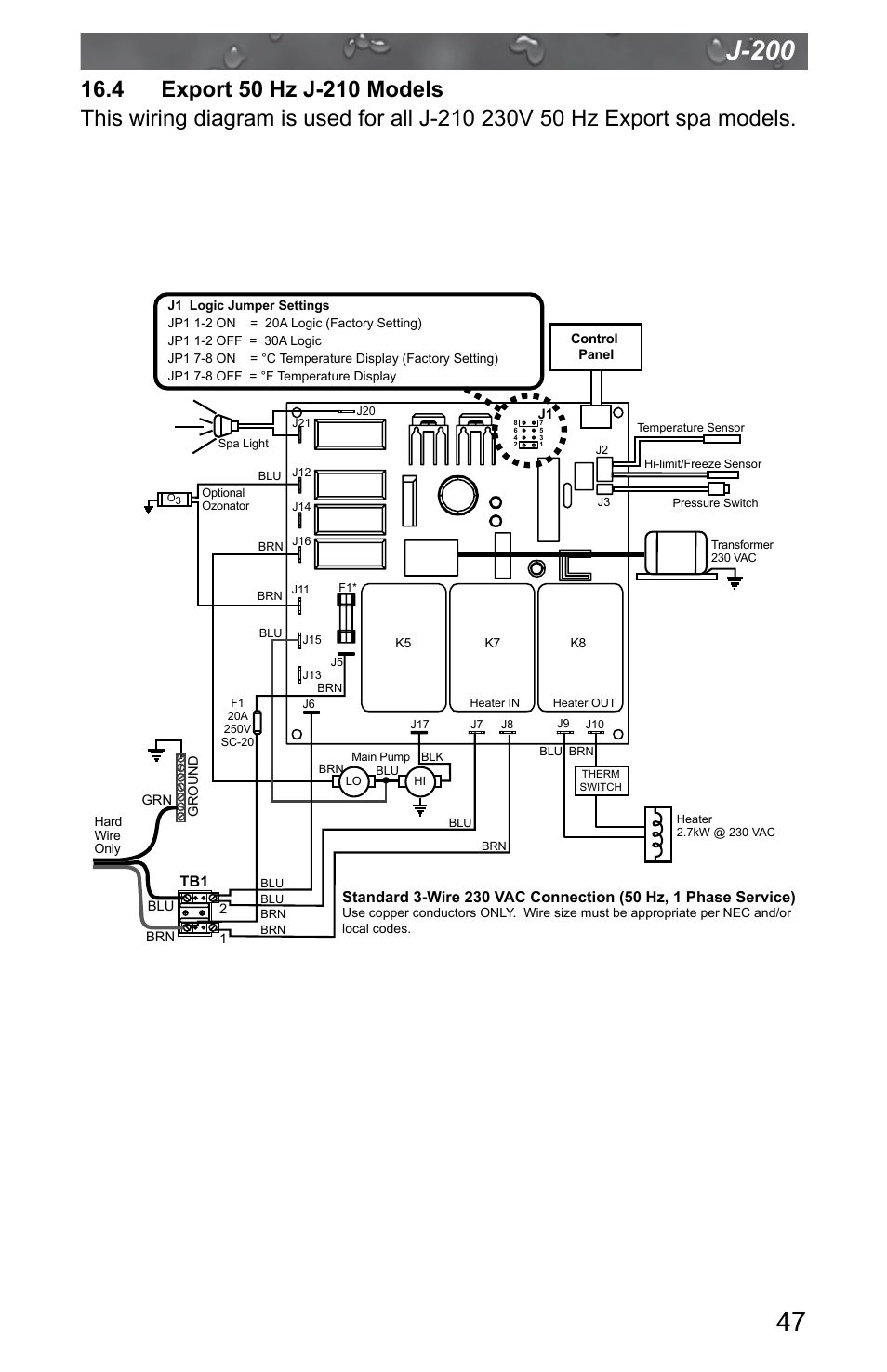 4 export 50 hz j-210 models, J-200 | Jacuzzi J - 200 J - 280 User Manual | Page 51 / 64