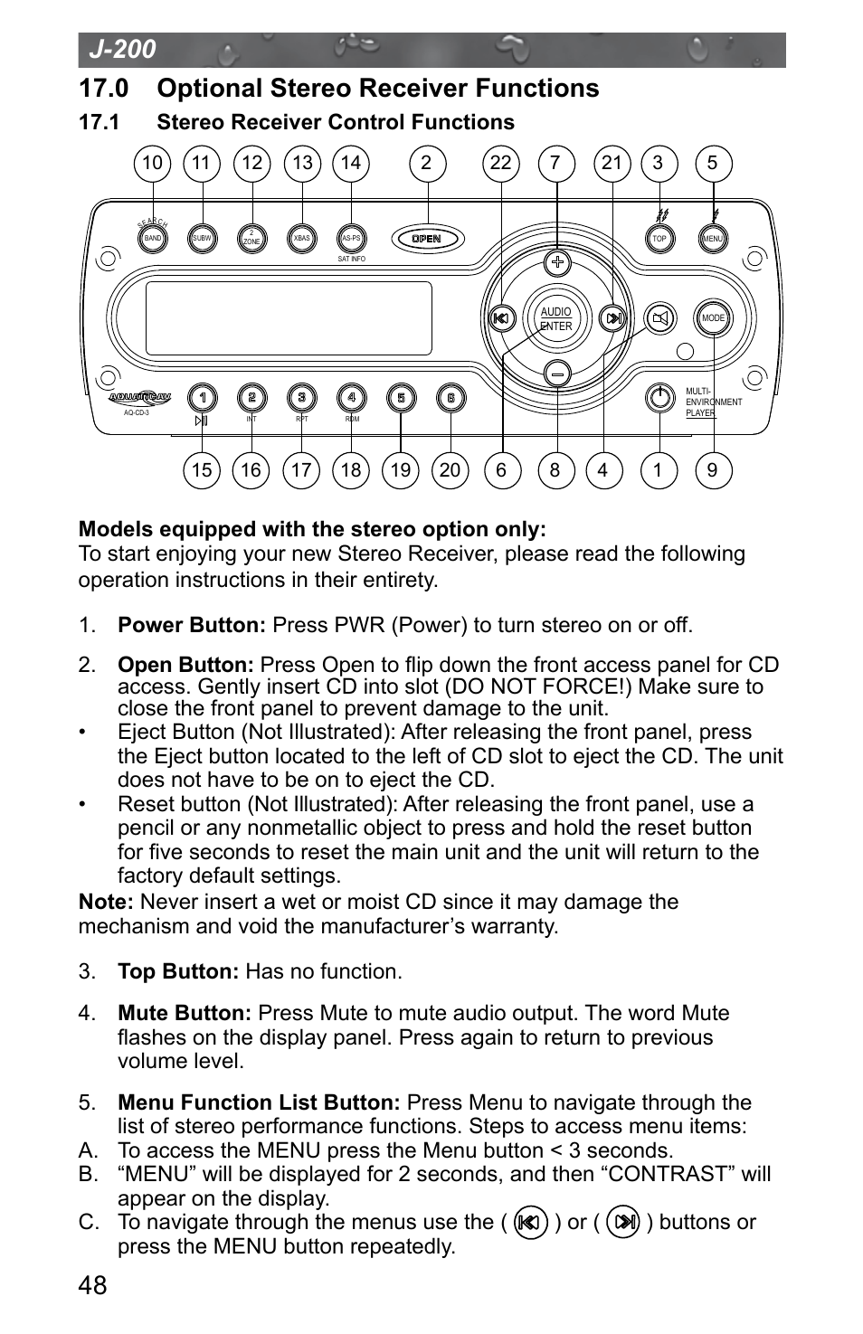 0 optional stereo receiver functions, 1 stereo receiver control functions | Jacuzzi J - 200 J - 280 User Manual | Page 52 / 64