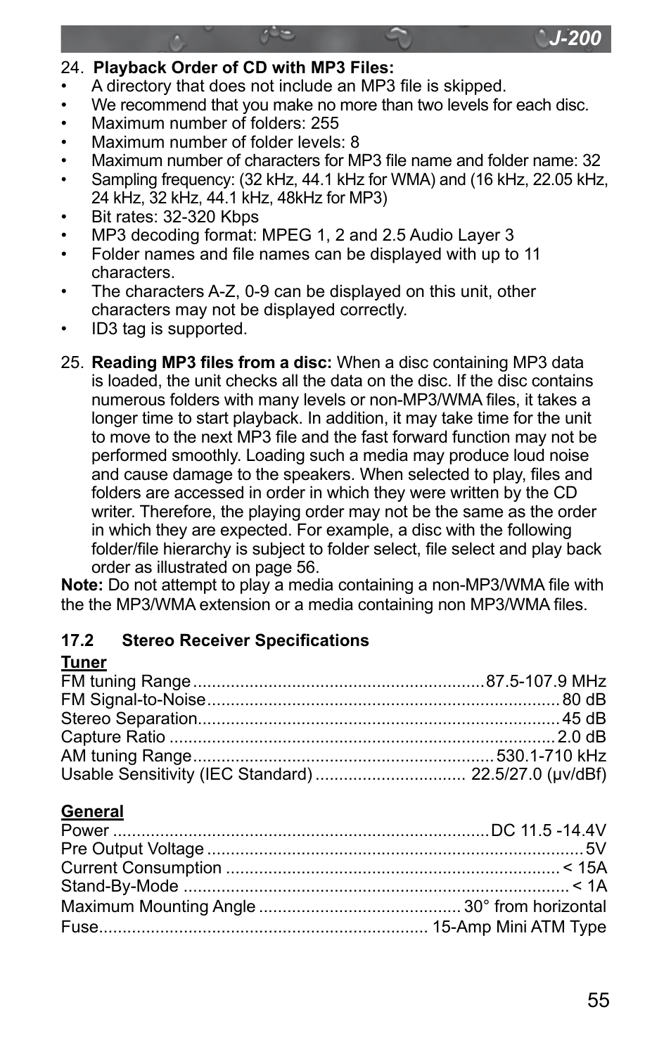 2 stereo receiver specifications, J-200 | Jacuzzi J - 200 J - 280 User Manual | Page 59 / 64