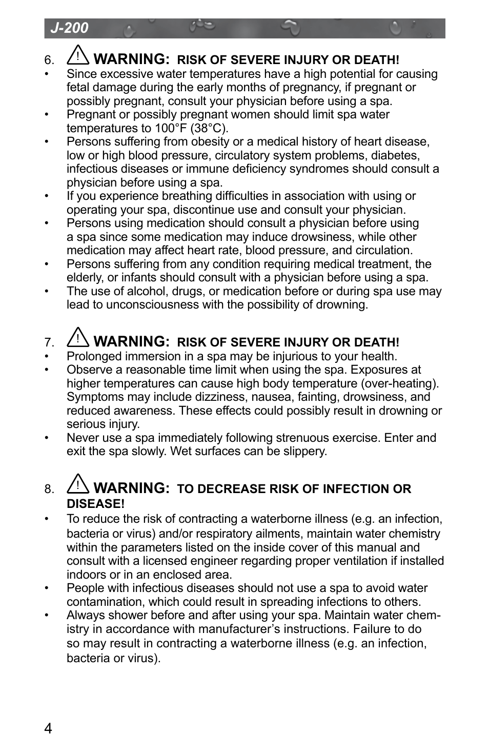 J-200, Warning | Jacuzzi J - 200 J - 280 User Manual | Page 8 / 64