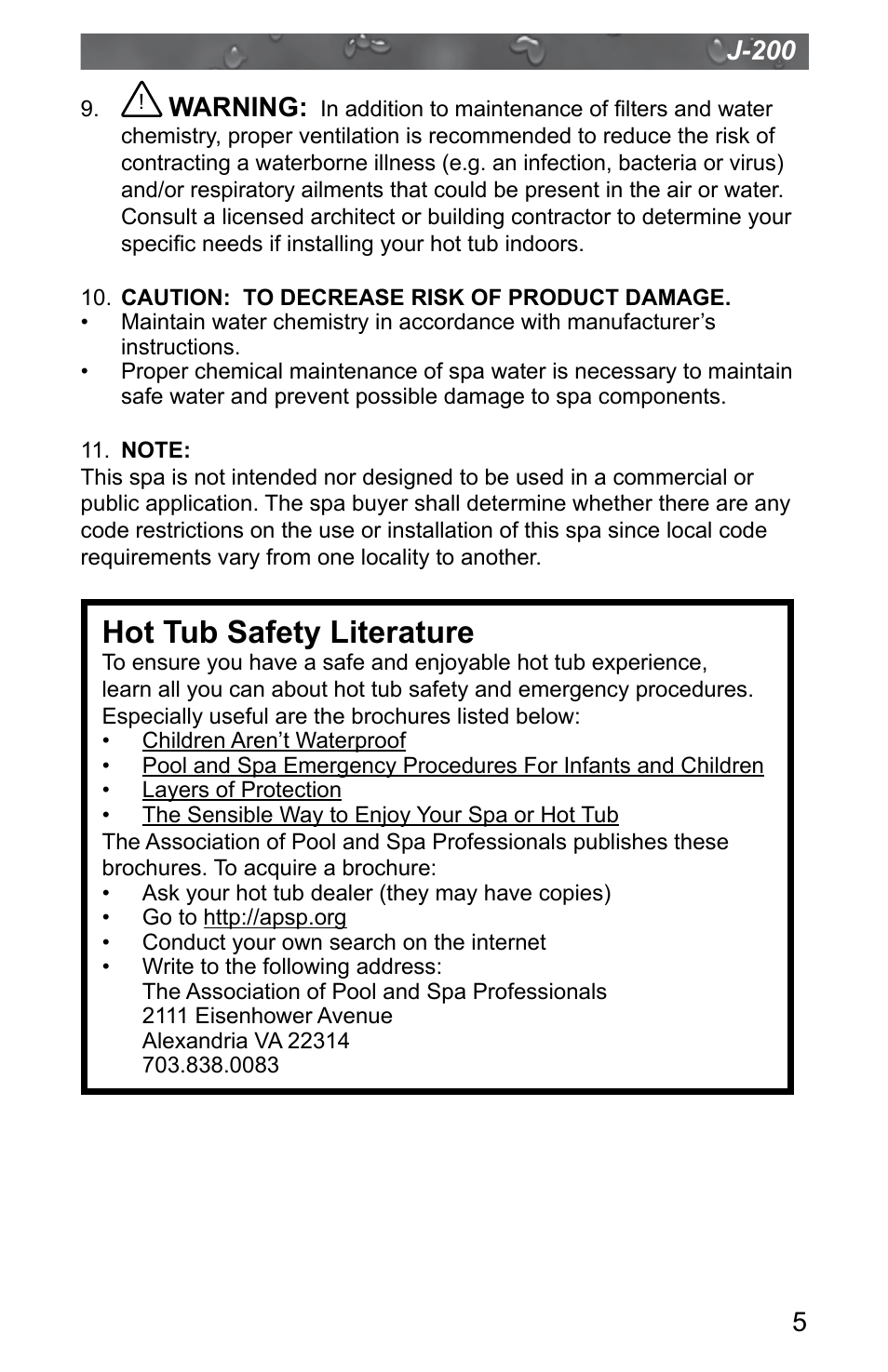 Hot tub safety literature, J-200, Warning | Jacuzzi J - 200 J - 280 User Manual | Page 9 / 64