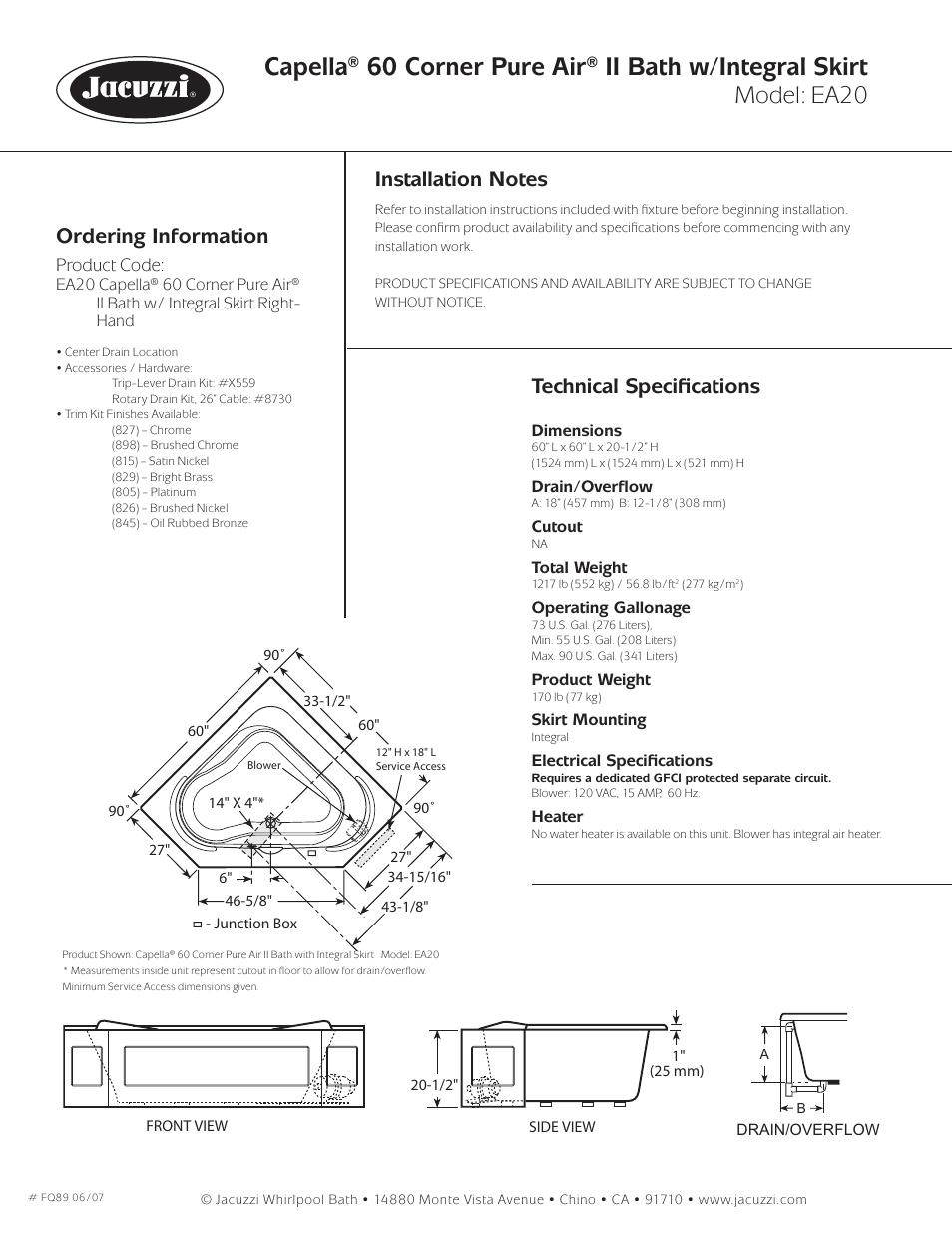Model: ea20, Ordering information, Technical speciﬁ cations | Product code | Jacuzzi Capella EA20 User Manual | Page 2 / 2