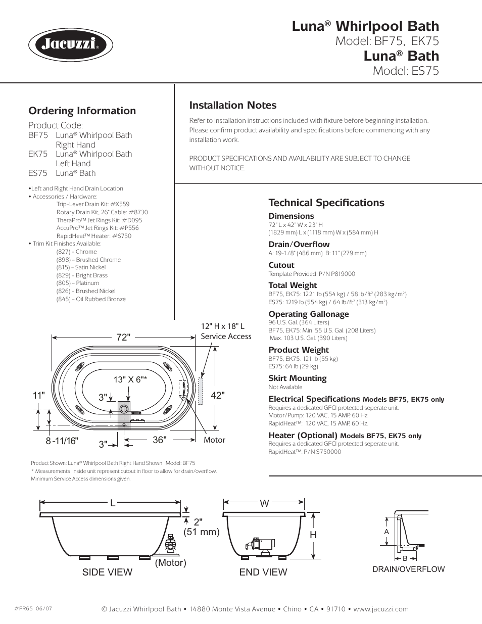 Luna® whirlpool bath, Luna® bath, Model: bf75, ek75 | Model: es75, Ordering information, Technical speciﬁ cations, End view h w side view l 2" (51 mm) (motor) | Jacuzzi Luna EK75-LH User Manual | Page 2 / 2