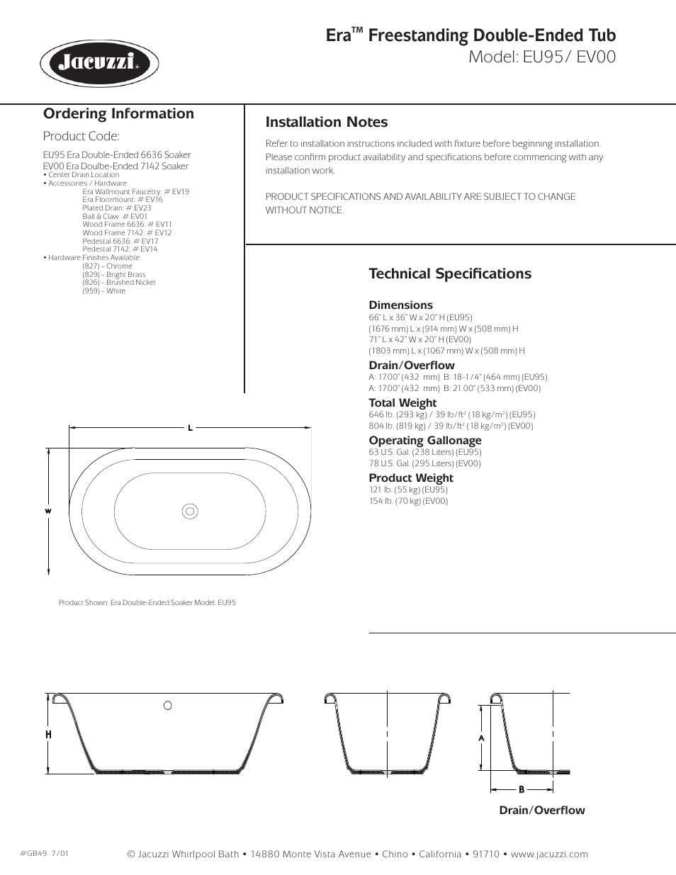 Freestanding double-ended tub, Model: eu95/ ev00, Ordering information | Technical specifications, Product code, Dimensions, Drain/overflow, Total weight, Operating gallonage, Product weight | Jacuzzi era EU95 User Manual | Page 2 / 2