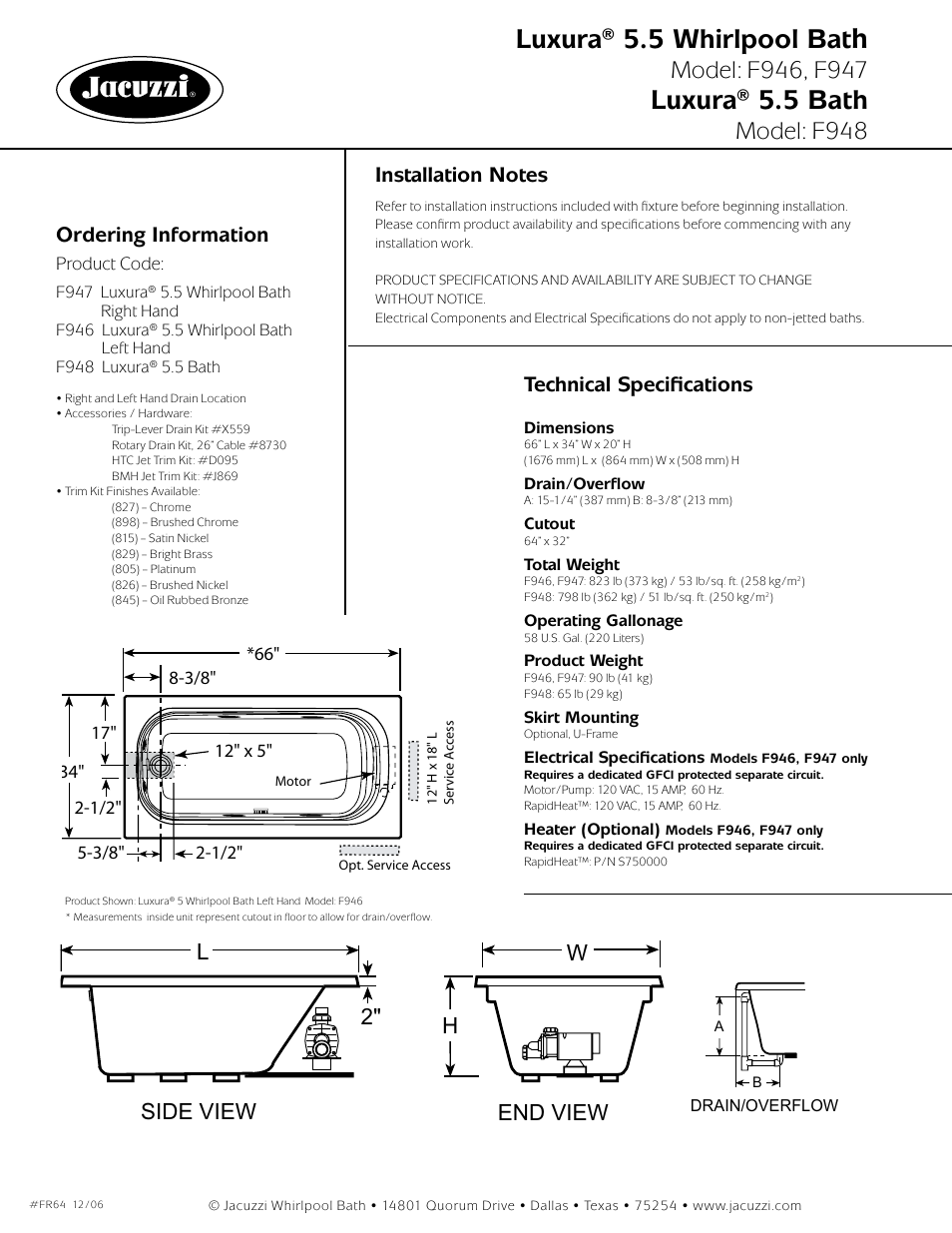 Luxura® 5.5 whirlpool bat, Luxura® 5.5 bath, Model: f948 | End view h w side view l 2, Ordering information, Technical specifications | Jacuzzi Luxura F947-RH User Manual | Page 2 / 2