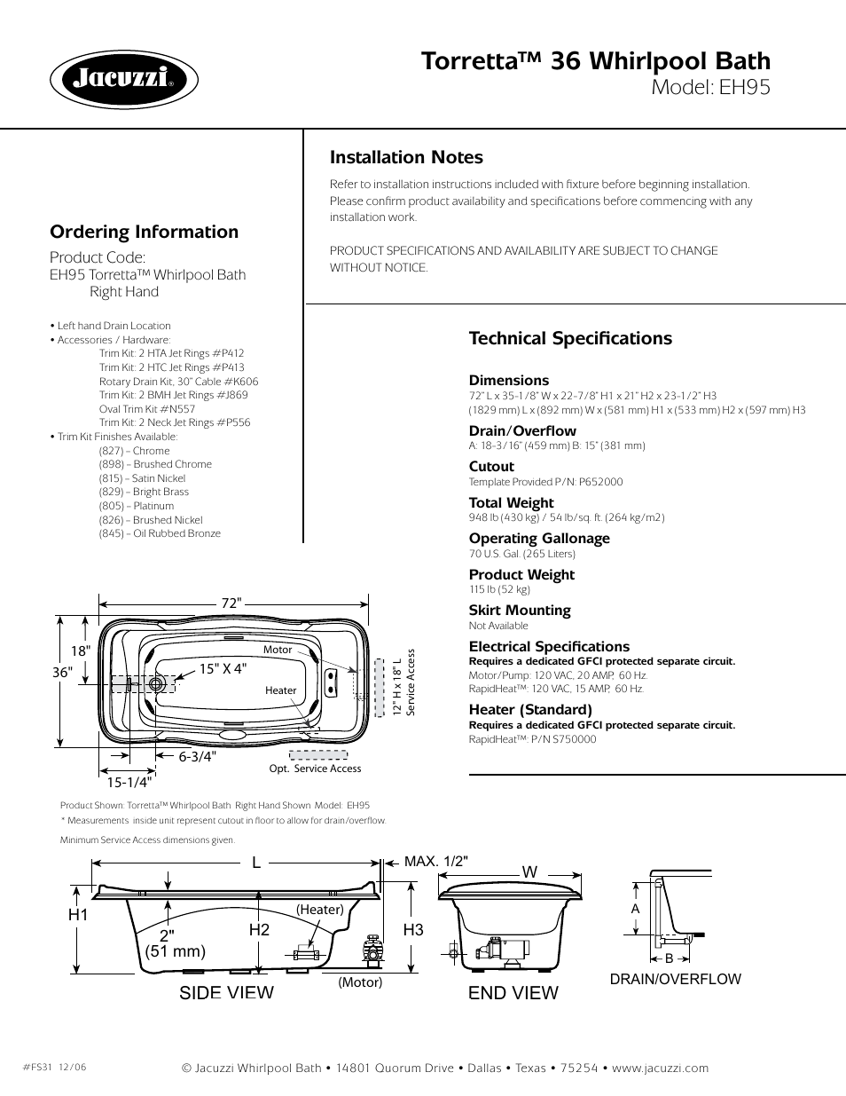 Torretta™ 36 whirlpool bath, Model: eh95, Torretta 36 | Ordering information, Technical specifications, Side view end view | Jacuzzi Torretta 36 Whirlpool Bath EH95 User Manual | Page 2 / 2