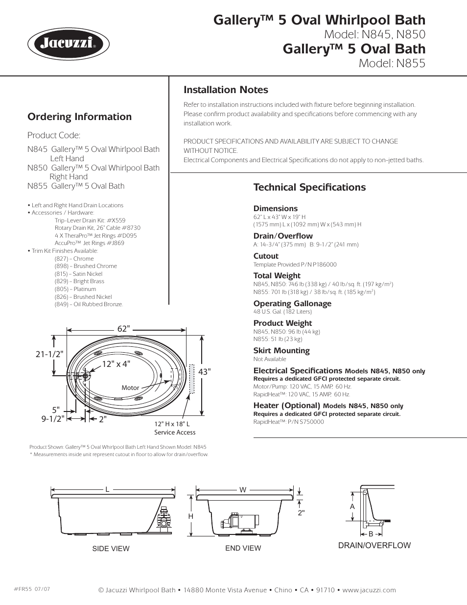 Gallery™ 5 oval whirlpool bath, Gallery™ 5 oval bath, Model: n855 | Ordering information, Technical speciﬁ cations | Jacuzzi Gallery N845-LH User Manual | Page 2 / 2
