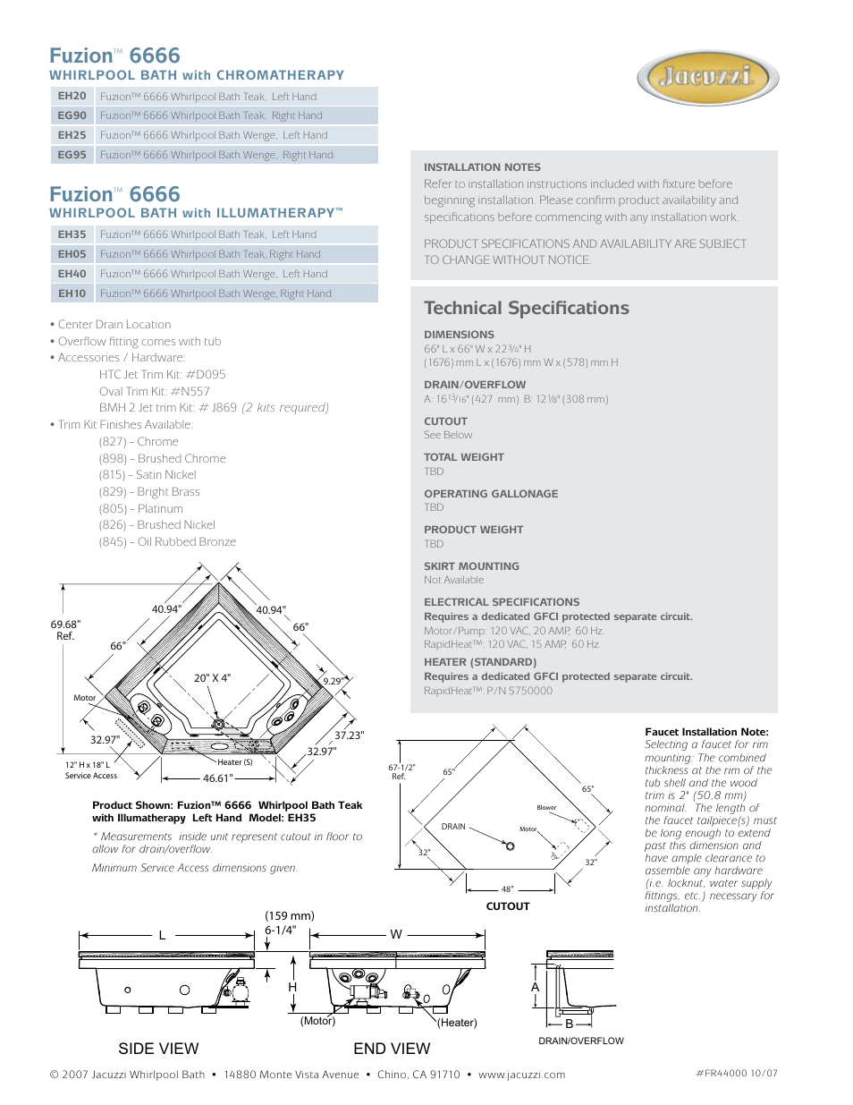 Fuzion, Technical specifications, Side view end view | Jacuzzi Fuzion EG90 User Manual | Page 2 / 2