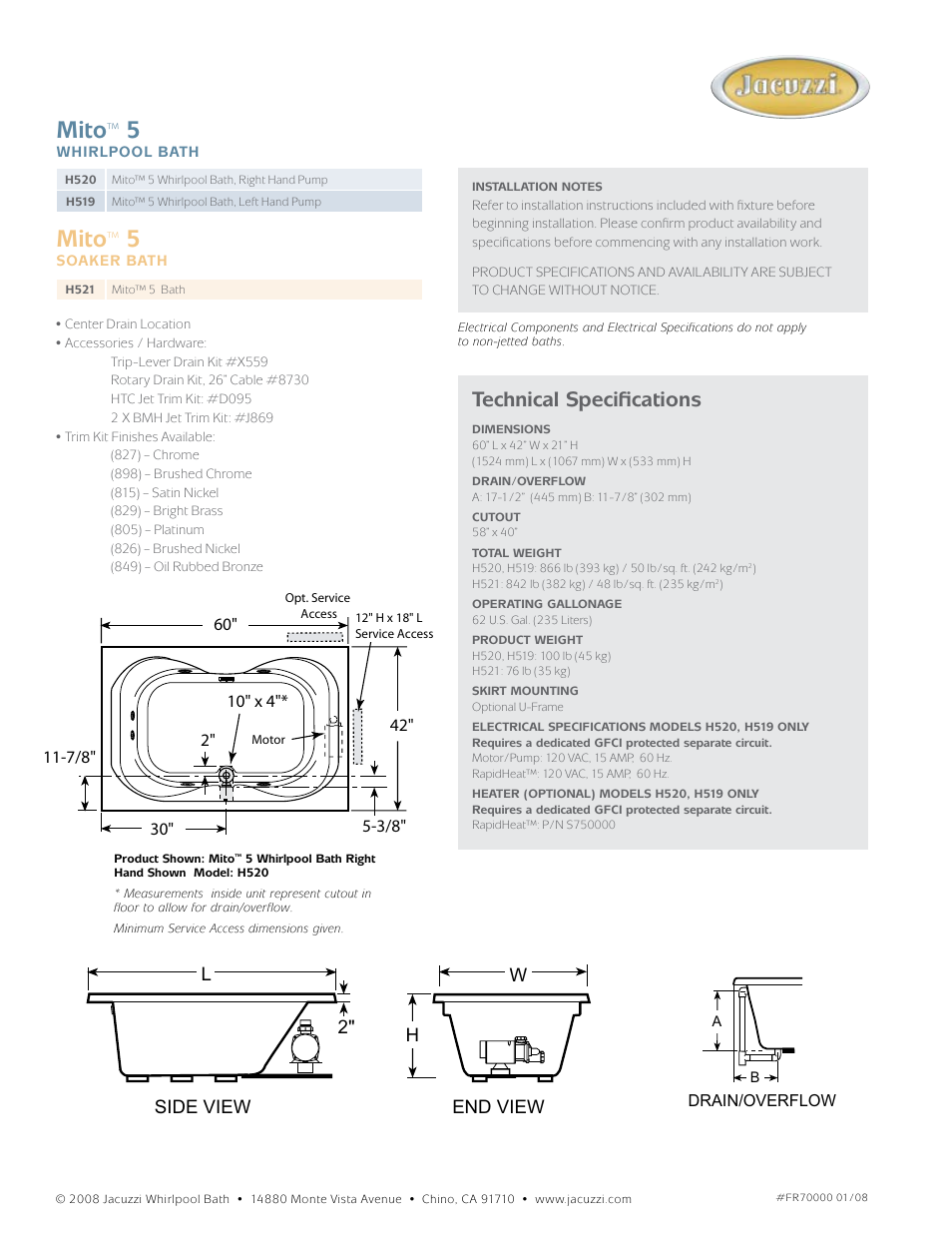 Mito, Technical specifications, End view h w side view l 2 | Jacuzzi HS20 User Manual | Page 2 / 2