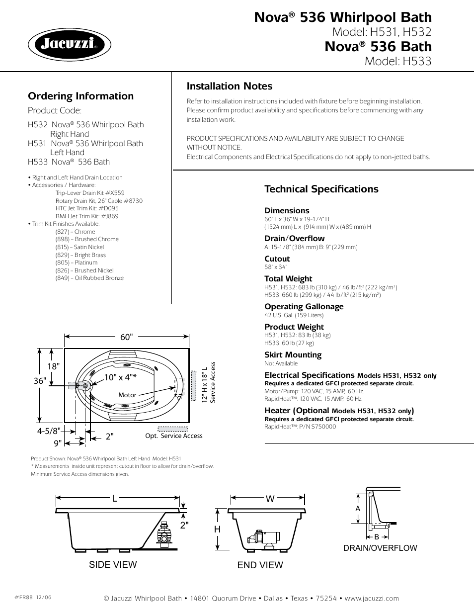 Nova® 536 whirlpool bath, Nova® 536 bath, Model: h533 | Ordering information, Technical specifications | Jacuzzi Nova H532-RH User Manual | Page 2 / 2