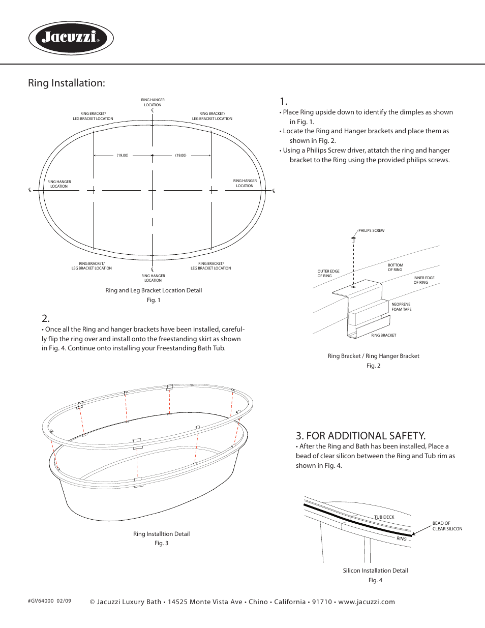 Ring installation, For additional safety | Jacuzzi GA99 User Manual | Page 2 / 3