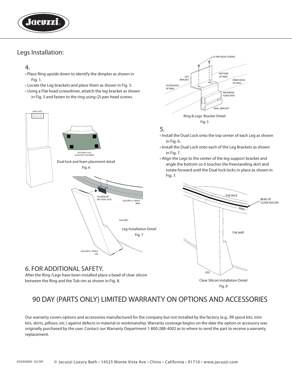 For additional safety, Legs installation | Jacuzzi GA99 User Manual | Page 3 / 3