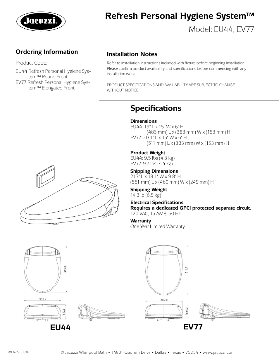 Refresh personal hygiene system, Model: eu44, ev77, Specifications | Eu44 ev77 | Jacuzzi EV77 User Manual | Page 2 / 2