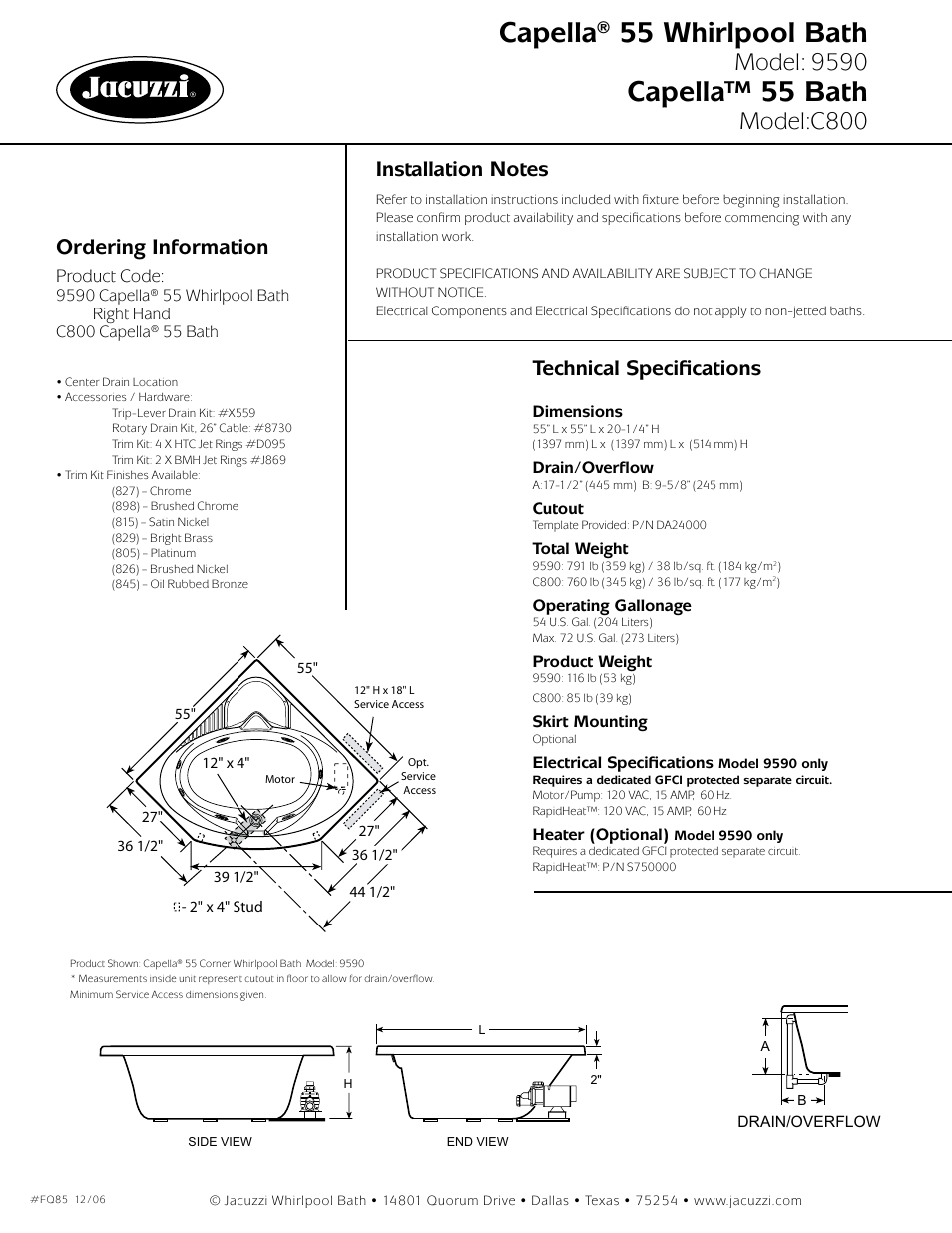Capella® 55 whirlpool bath, Capella™ 55 bath, Model: 9590 | Model:c800, Ordering information, Technical specifications, Product code | Jacuzzi capella 55 User Manual | Page 2 / 2