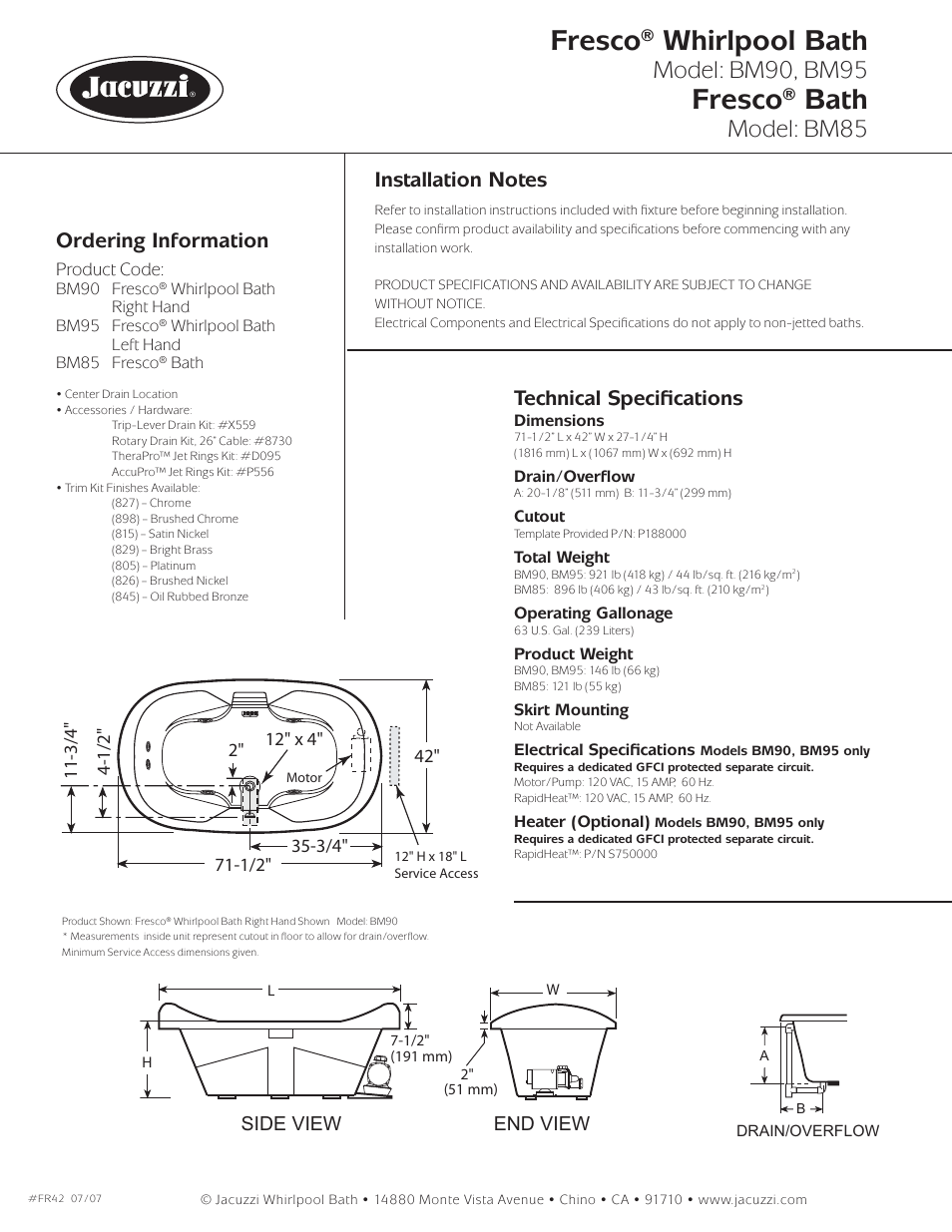 Fresco® whirlpool bath, Fresco® bath, Model: bm90, bm95 | Model: bm85, Ordering information, Technical speciﬁ cations, Side view end view | Jacuzzi fresco BM95 User Manual | Page 2 / 2