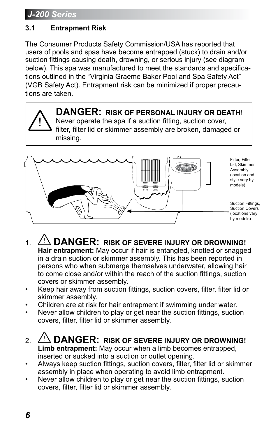 1 entrapment risk, Entrapment risk, Danger | Jacuzzi J - 230 User Manual | Page 10 / 60