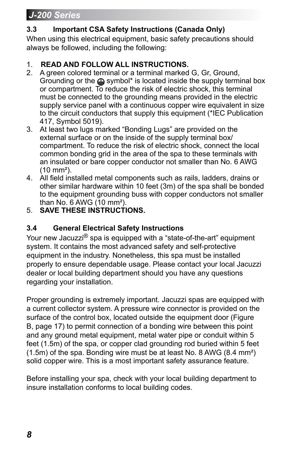 3 important csa safety instructions (canada only), 4 general electrical safety instructions, Important csa safety instructions (canada only) | General electrical safety instructions, J-200 series | Jacuzzi J - 230 User Manual | Page 12 / 60